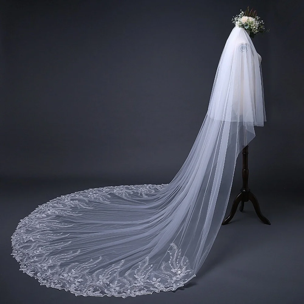 3M Cathedral Length White Bridal Veil with Lace Edge